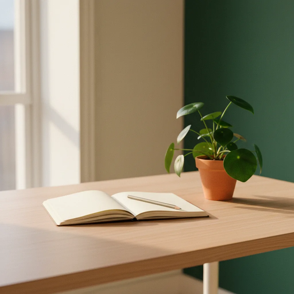 Een opgeruimde werkruimte met notitieboek, potlood en een plant op een houten bureau