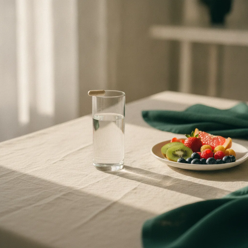 Een glas water met capsule op een lichte ontbijttafel met vers fruit - dagelijkse inname-routine