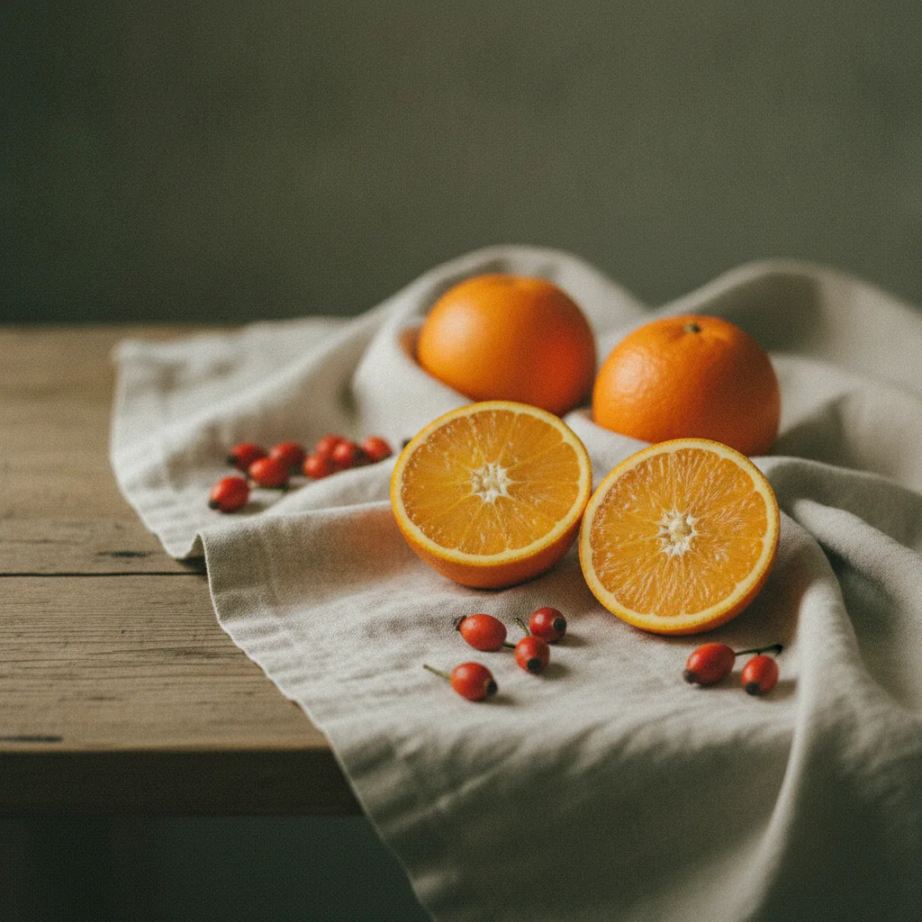 Verse sinaasappels en rozenbottels op een lichte houten tafel - vitamine C rijke bronnen