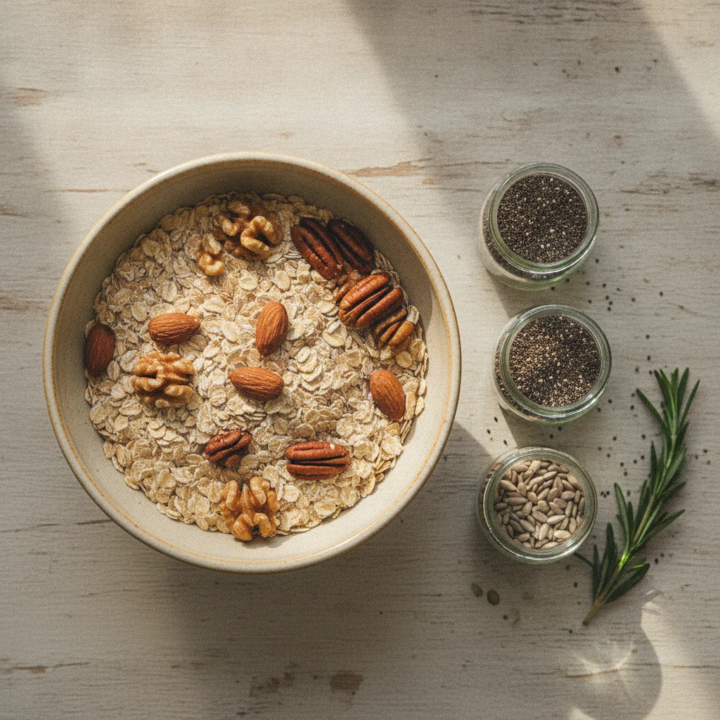 Volle granen, havervlokken en noten in ceramische schaaltjes - bronnen van B-vitamines