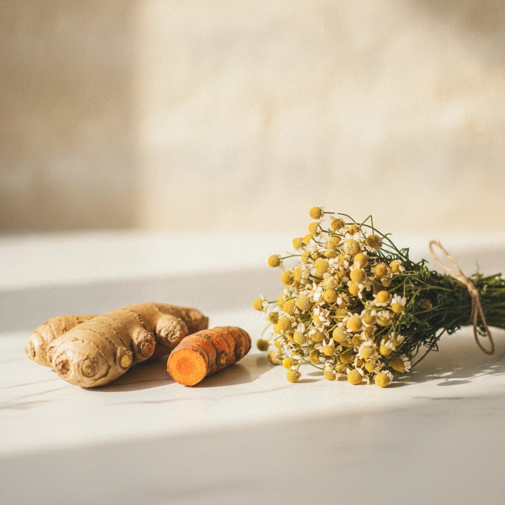 Verse gember en kurkumawortel naast groene kruiden op een witte keukentafel
