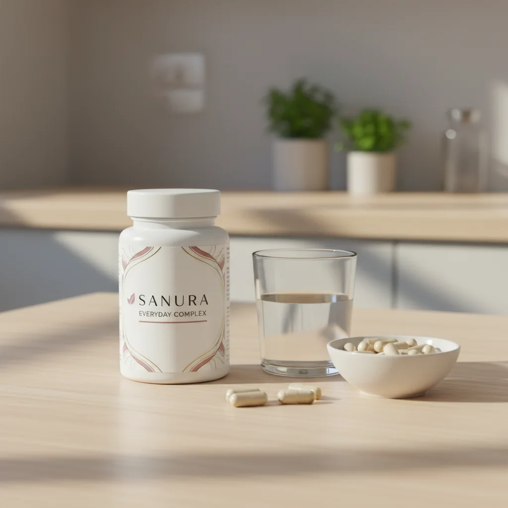 Sanura Everyday Complex flesje naast een glas water en ontbijtgranen op een keukentafel