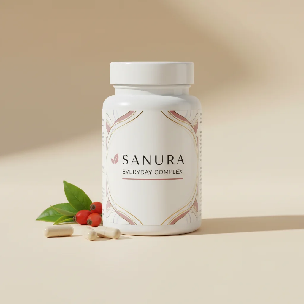 Sanura Everyday Complex matglas flesje met houten dop en supplement capsules
